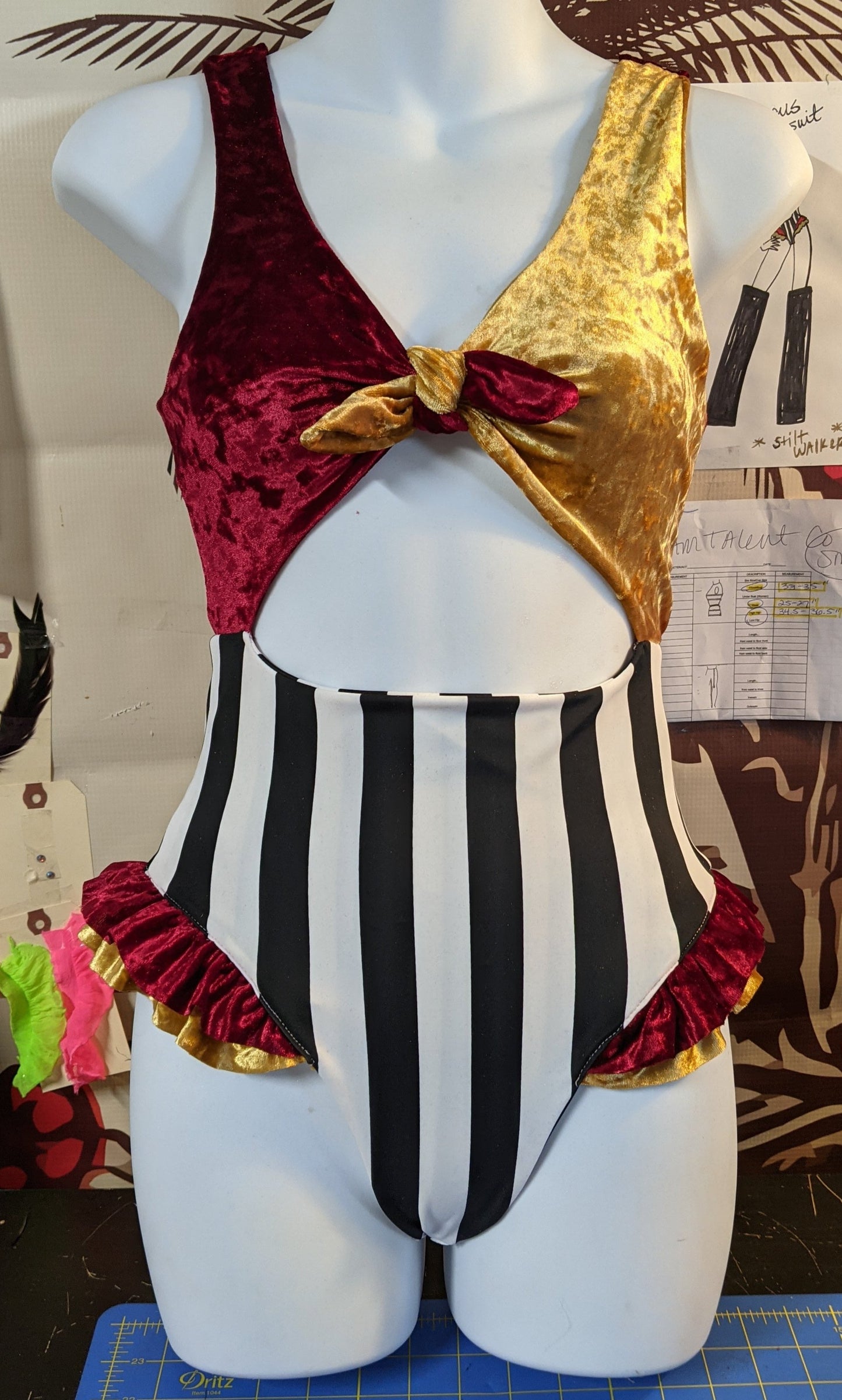 Adult Circus Cut Out Bodysuit in Red And Gold Velvet With Black And White Stripe Spandex Fabric Ruffle At Leg Opening Available in XXS thru 10XL - Made To Order