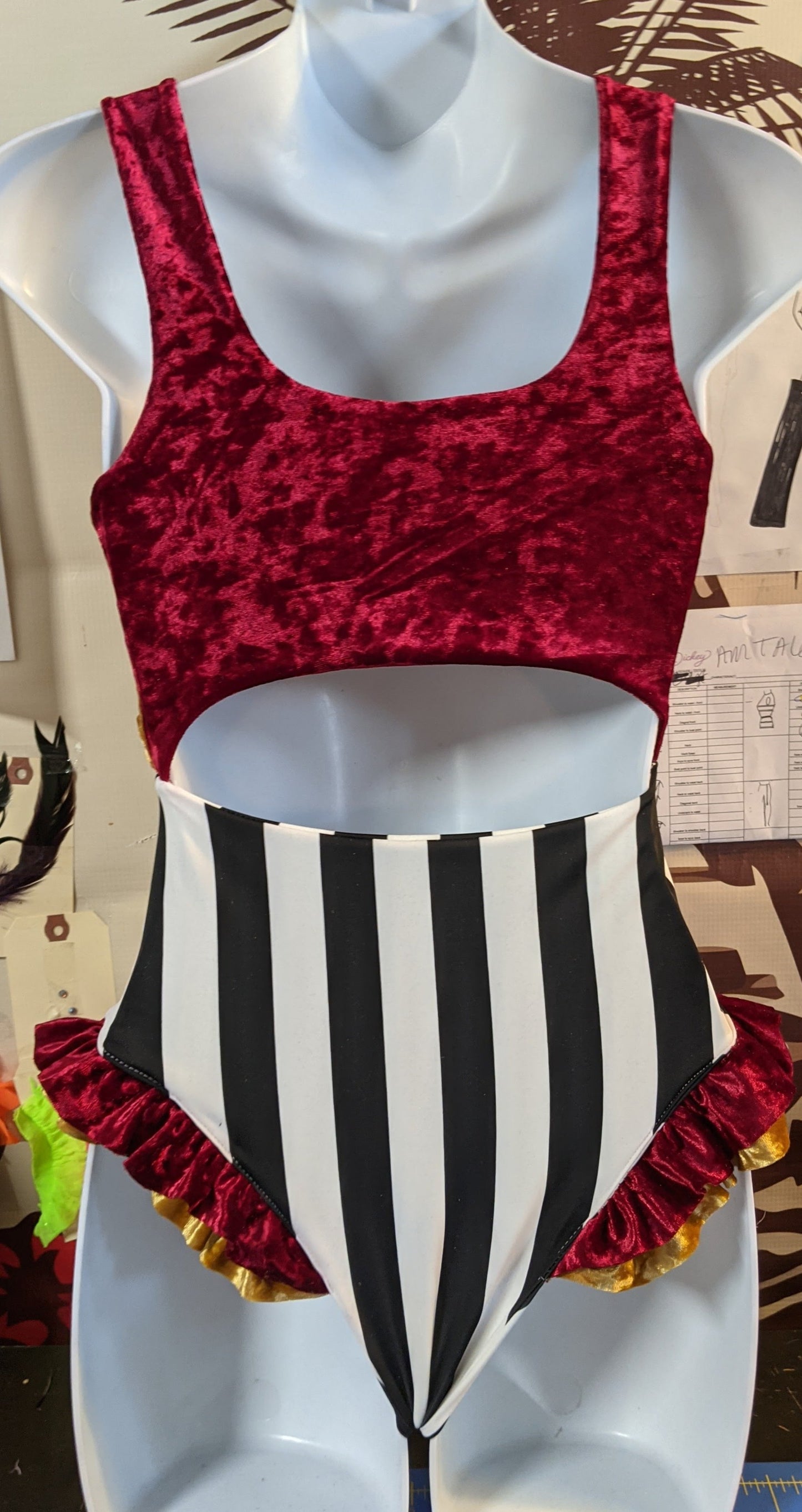 Adult Circus Cut Out Bodysuit in Red And Gold Velvet With Black And White Stripe Spandex Fabric Ruffle At Leg Opening Available in XXS thru 10XL - Made To Order